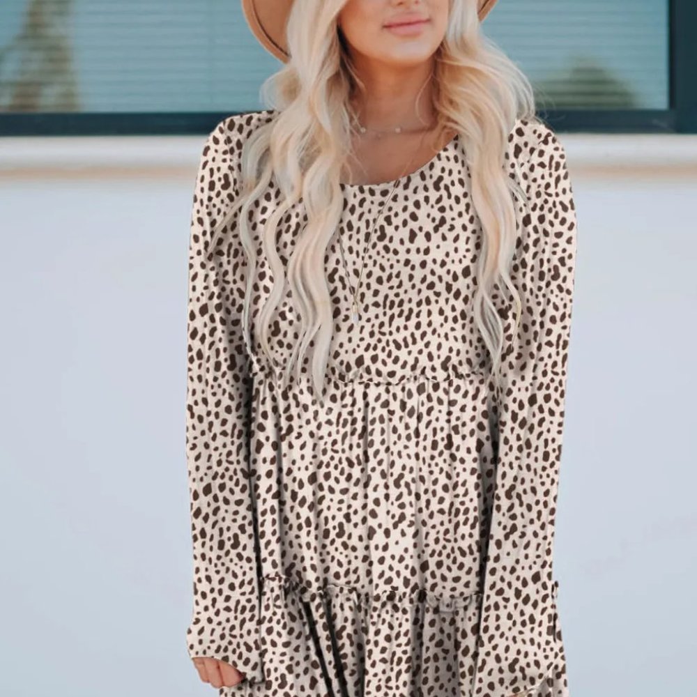 Leopard Animal Print Tiered Long Sleeve Dress - Picture 2 of 12